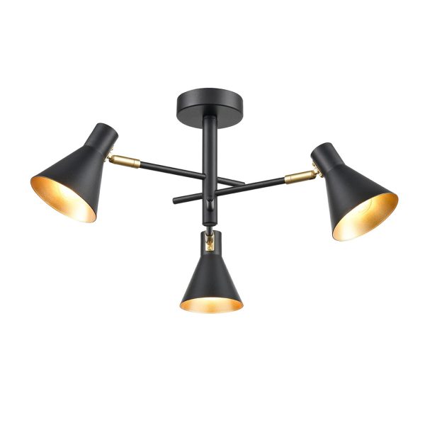 Retro style semi flush 3 lamp ceiling spot light matt black & gold main image