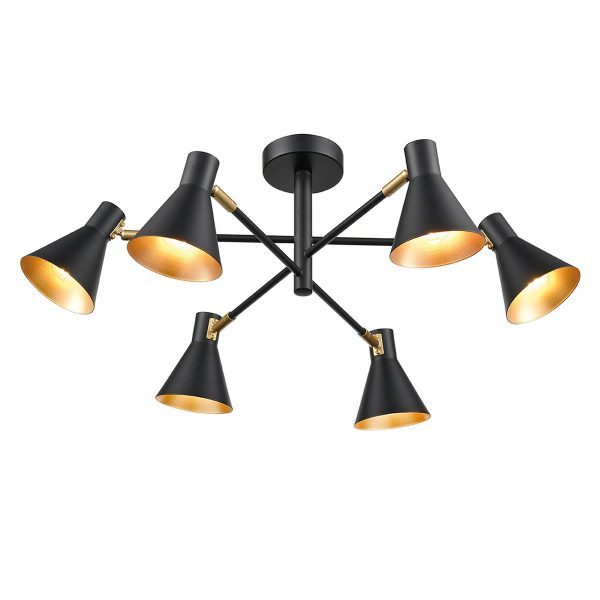 Retro style semi flush 6 lamp ceiling spot light matt black & gold main image