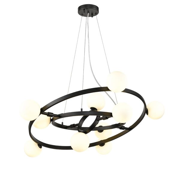 Medium adjustable rings 10 light pendant chandelier in matt black with opal glass globes