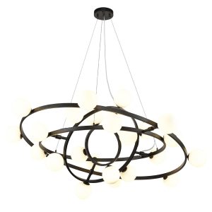 Large adjustable rings 24 light pendant chandelier in matt black with opal glass globes