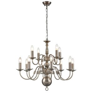 Classic Flemish style 12 light 2-tier traditional chandelier in pewter finish