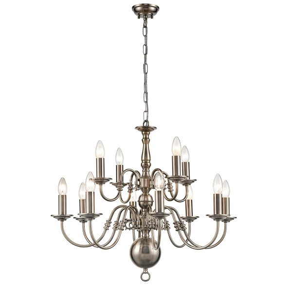 Classic Flemish style 12 light 2-tier traditional chandelier in pewter finish