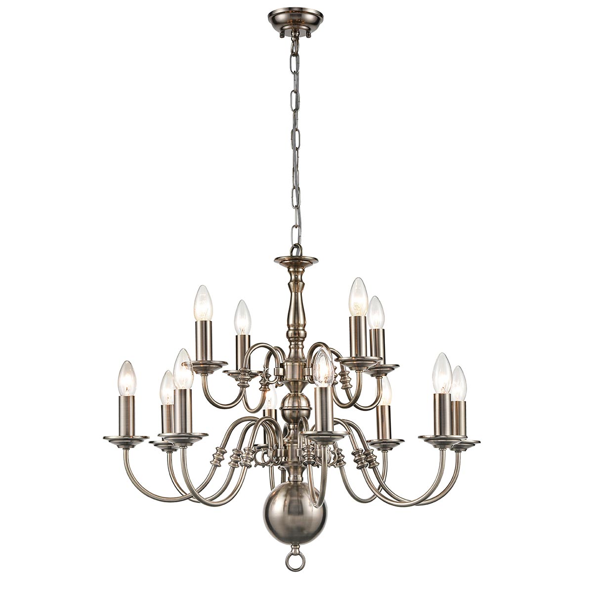 Classic Flemish Style 12 Light 2-Tier Traditional Chandelier Pewter