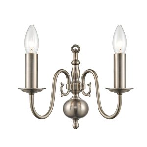 Classic Flemish style traditional 2 lamp twin wall light in pewter finish