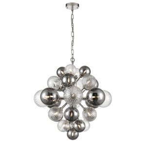 Modern 29 light chandelier in chrome with smoked and patterned glass globes