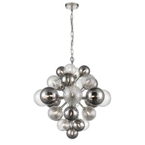 Modern 29 light chandelier in chrome with smoked and patterned glass globes