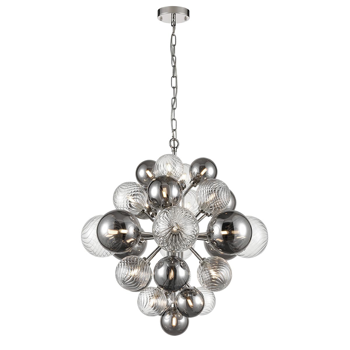 Modern 29 Light Chrome Chandelier With Smoked & Clear Glass Globes