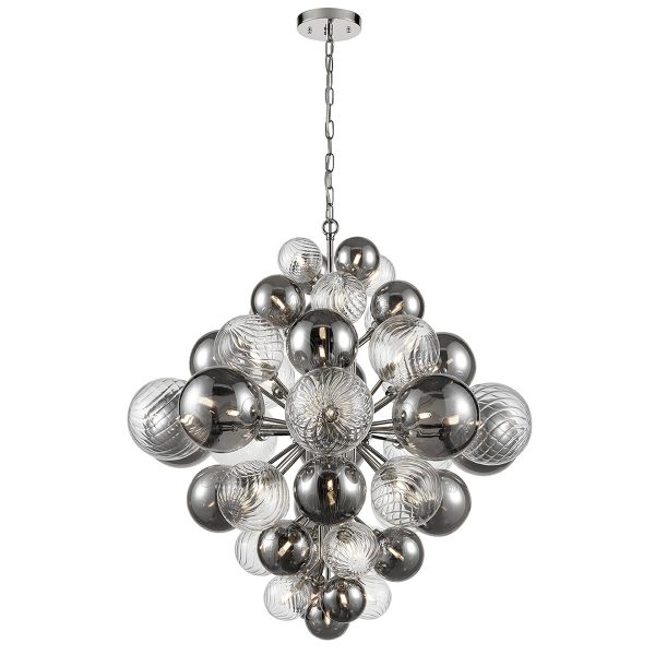 Very large modern 47 light chandelier in chrome with smoked and patterned glass globes