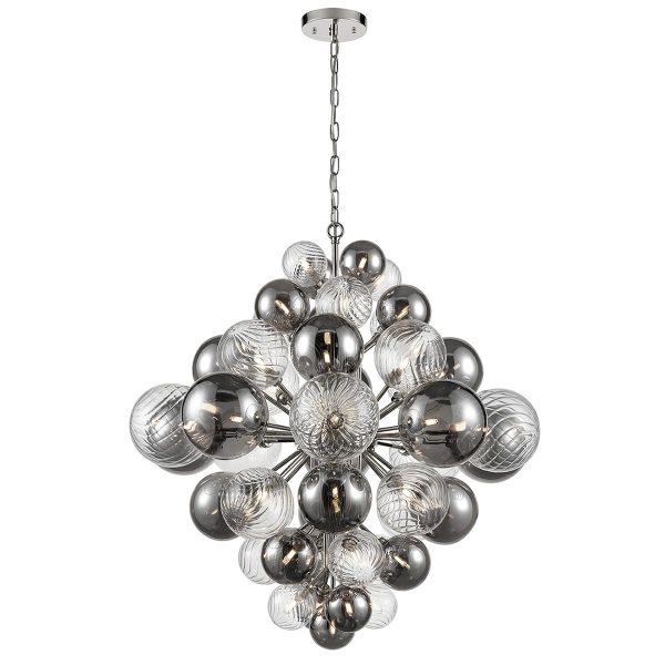 Very large modern 47 light chandelier in chrome with smoked and patterned glass globes
