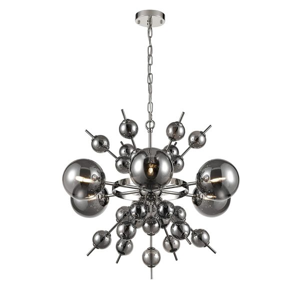Splash modern 6 light chandelier in polished chrome with smoked glass globes