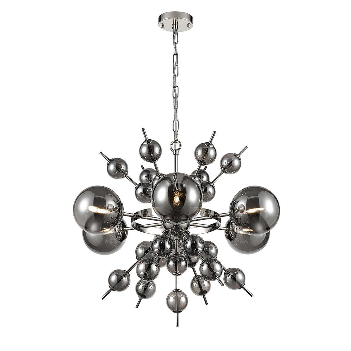 Modern 6 Light Chandelier In Chrome With Smoked Glass Globes