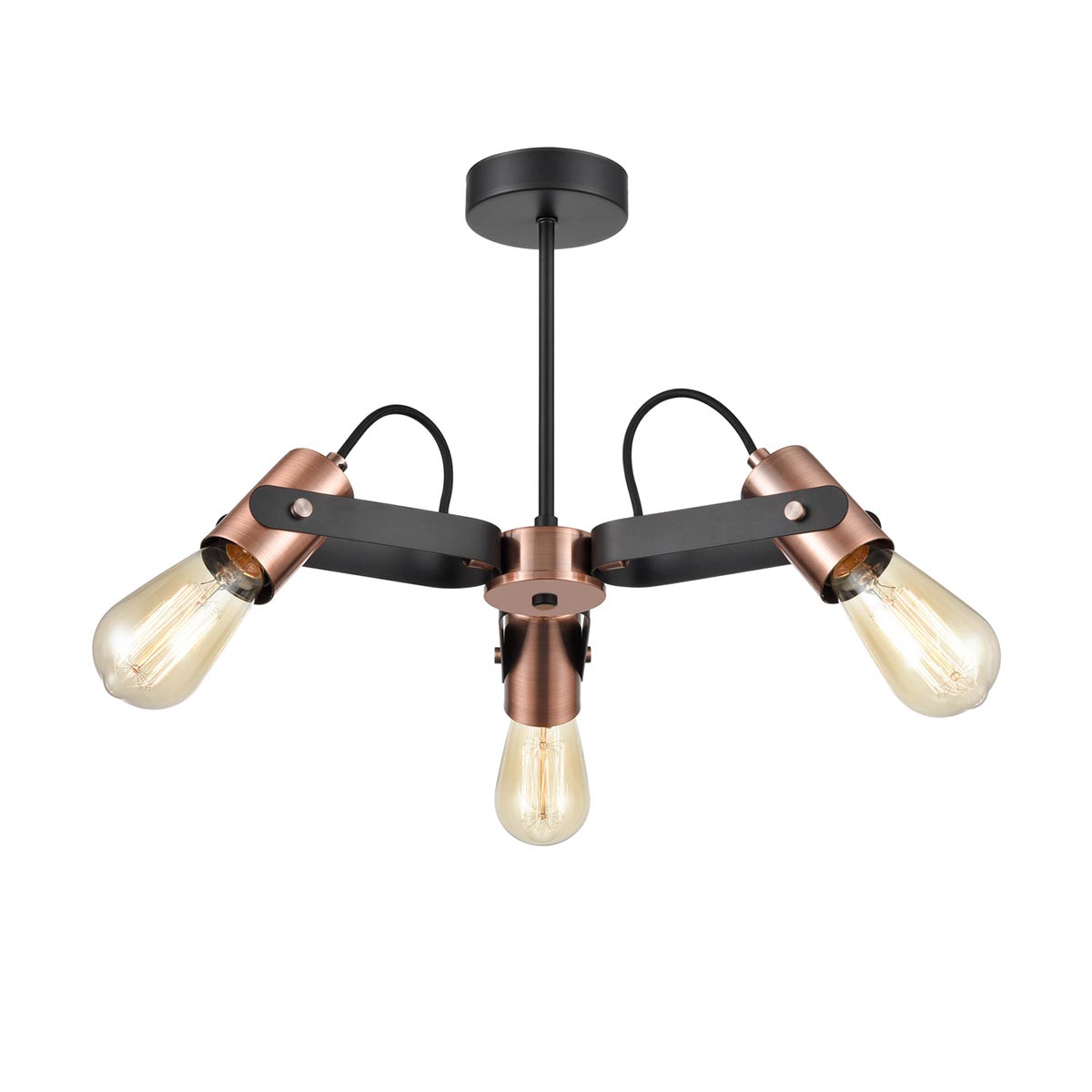 Modern Industrial 3 Lamp Semi Flush Ceiling Light Matt Black / Copper