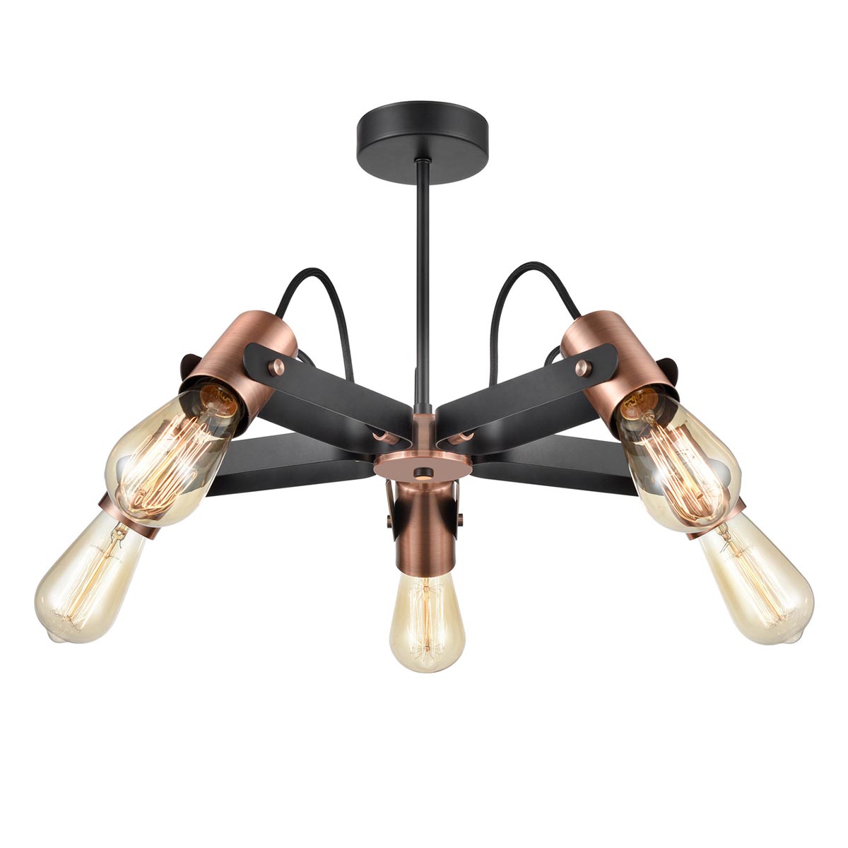 Modern Industrial 5 Lamp Semi Flush Ceiling Light Matt Black / Copper