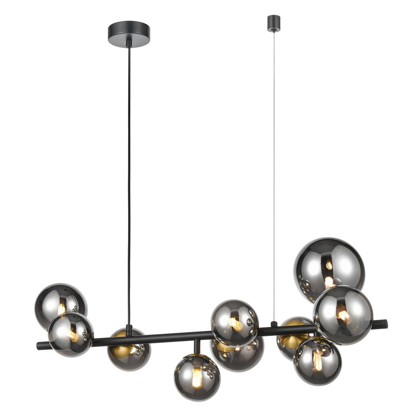 Modern 10 Light Matt Black / Brass Bar Pendant Smoked Glass Globes