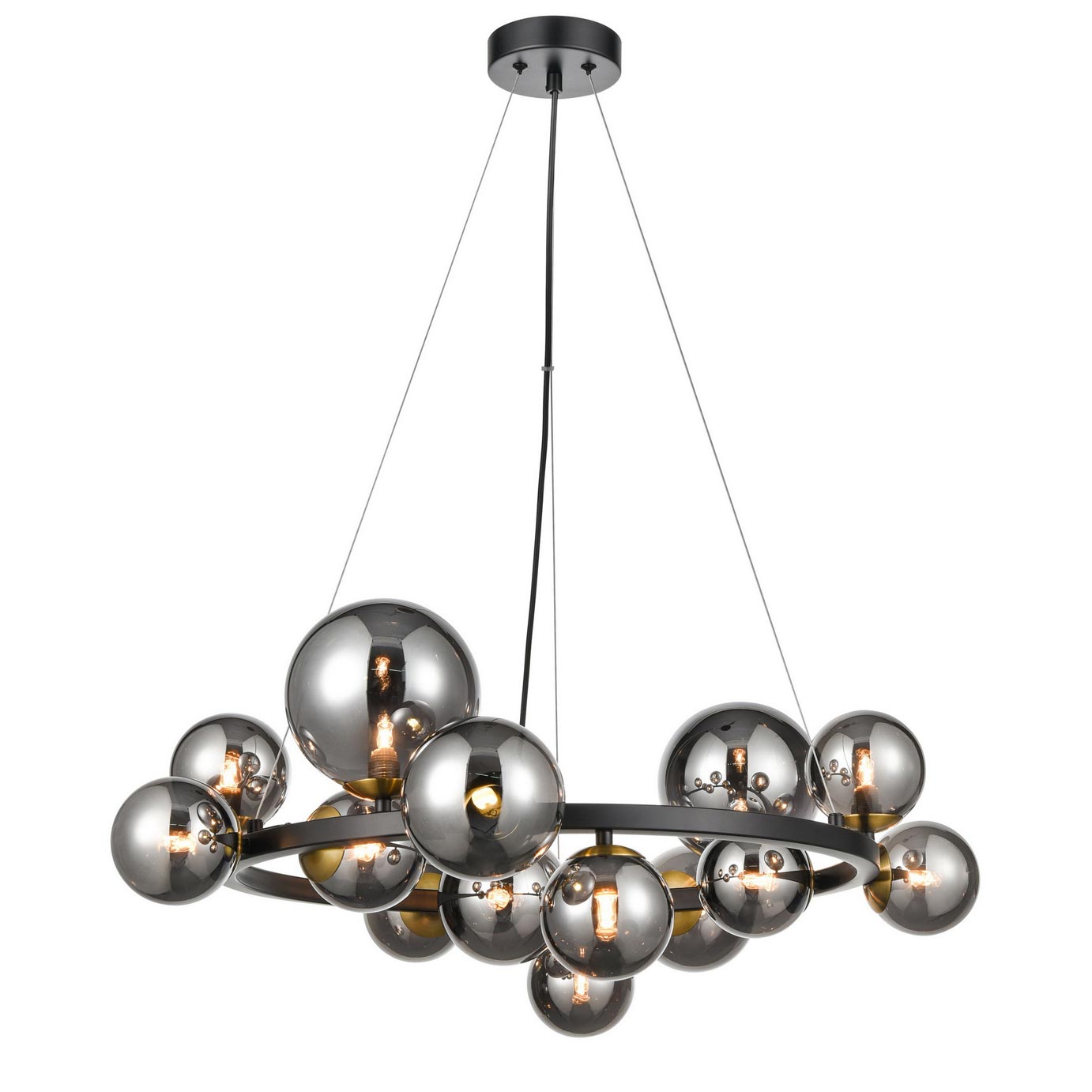 Modern 14 Light Matt Black / Brass Chandelier Smoked Glass Globes