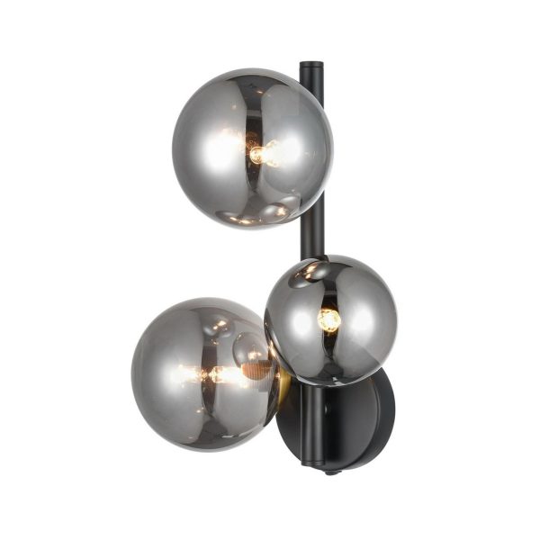 Atmosphere switched 3 lamp matt black and brushed brass wall light with smoked glass