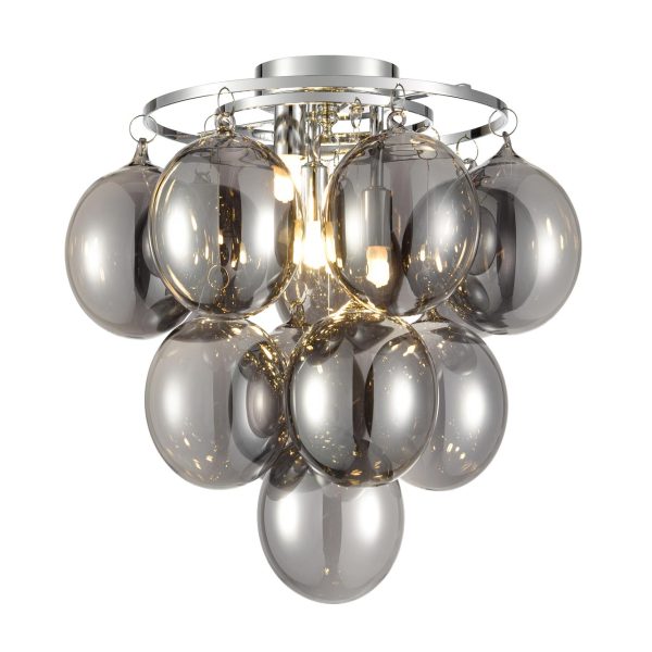 Modern chrome 3 lamp semi flush ceiling light with smoked glass bubble shades