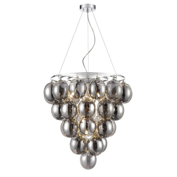 Modern chrome 6 light chandelier with smoked glass bubble shades