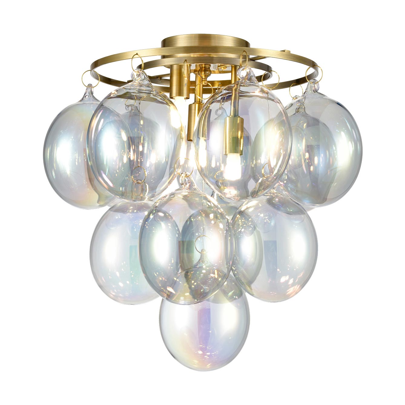 Modern Brushed Brass 3 Lamp Semi Flush Ceiling Light Iridescent Glass
