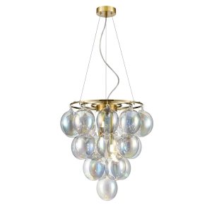 Modern brushed brass 4 light chandelier with iridescent glass bubble shades