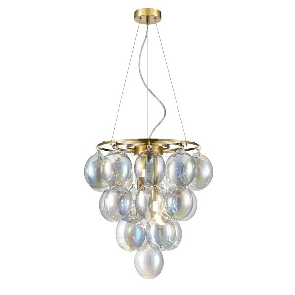 Modern brushed brass 4 light chandelier with iridescent glass bubble shades