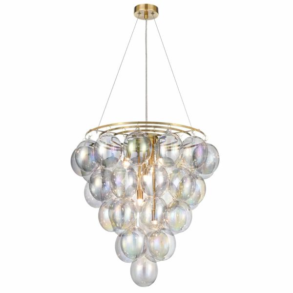 Modern brushed brass 6 light chandelier with iridescent glass bubble shades