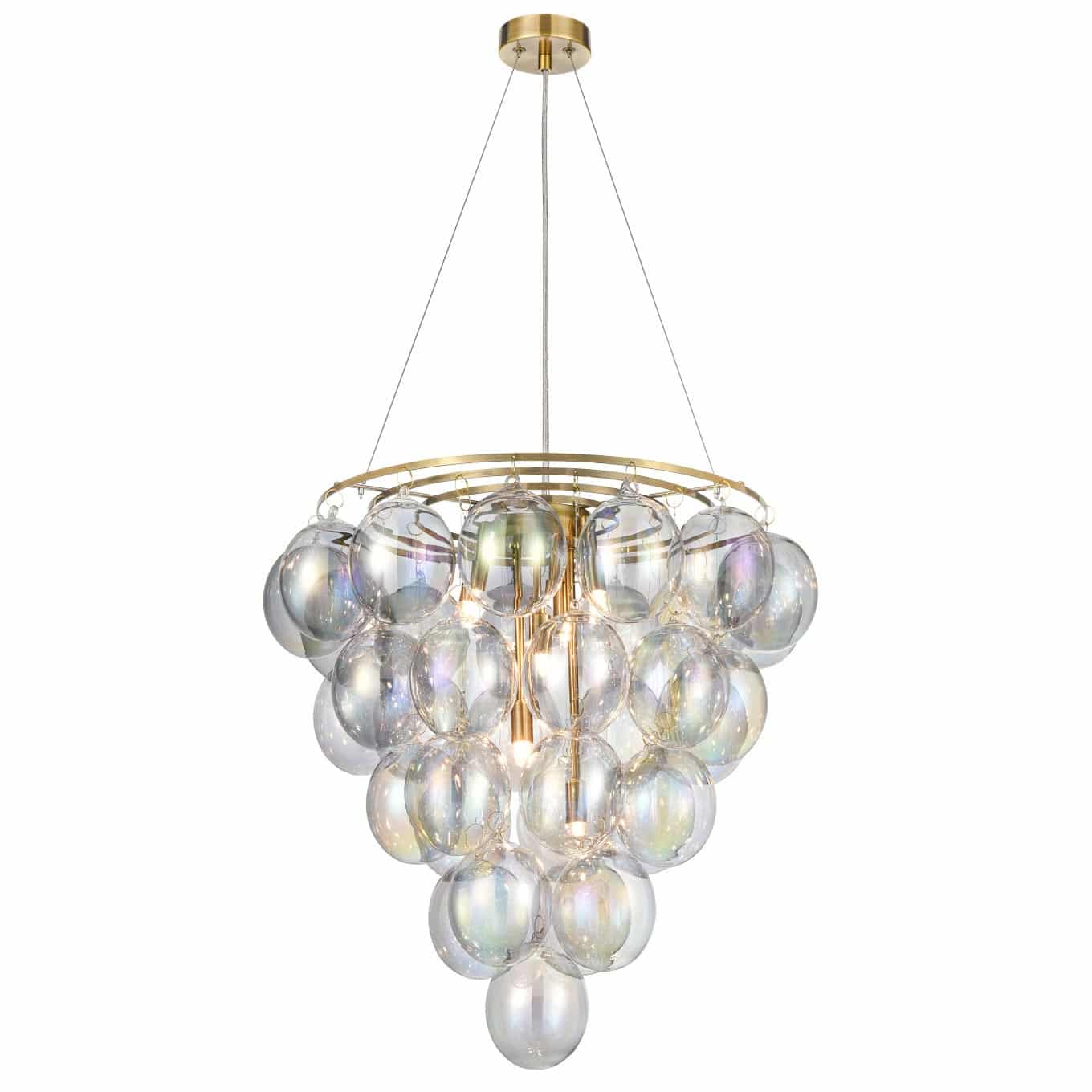 Modern Brushed Brass 6 Light Pendant Chandelier Oval Iridescent Glass