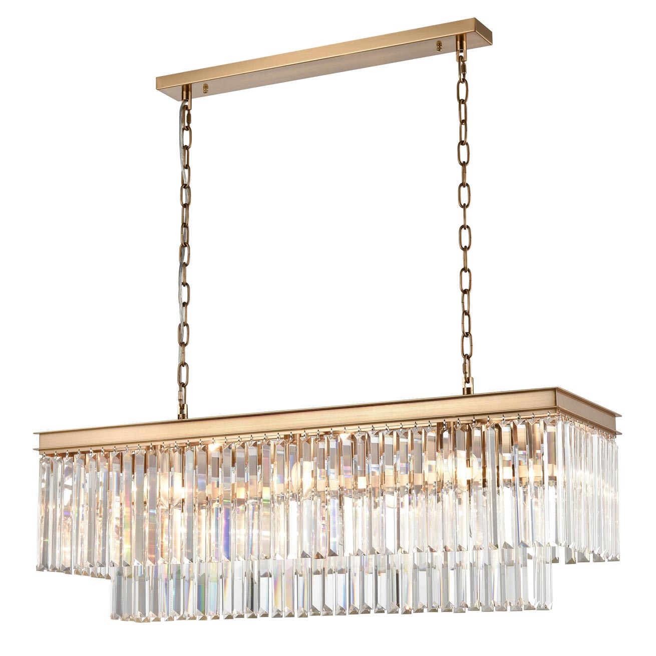 Classic Quality Linear 11 Light Rectangular Crystal Chandelier Satin Brass