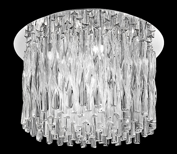 Contemporary 12 Lamp Flush Ceiling Light Chrome Twisted Glass Rods