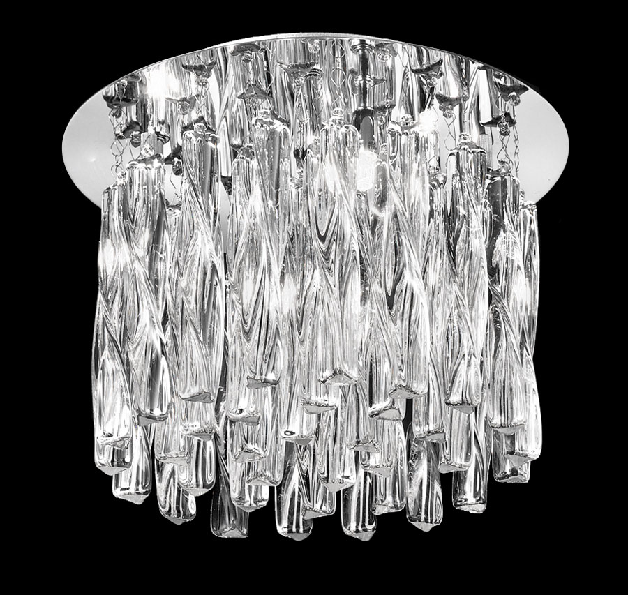 Contemporary 8 Lamp Flush Ceiling Light Chrome Twisted Glass Rods