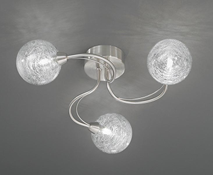 Contemporary 3 Arm Semi Flush Ceiling Light Satin Nickel Glass Globes