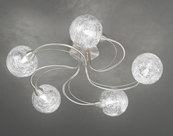 Contemporary 5 Arm Semi Flush Ceiling Light Satin Nickel Glass Globes