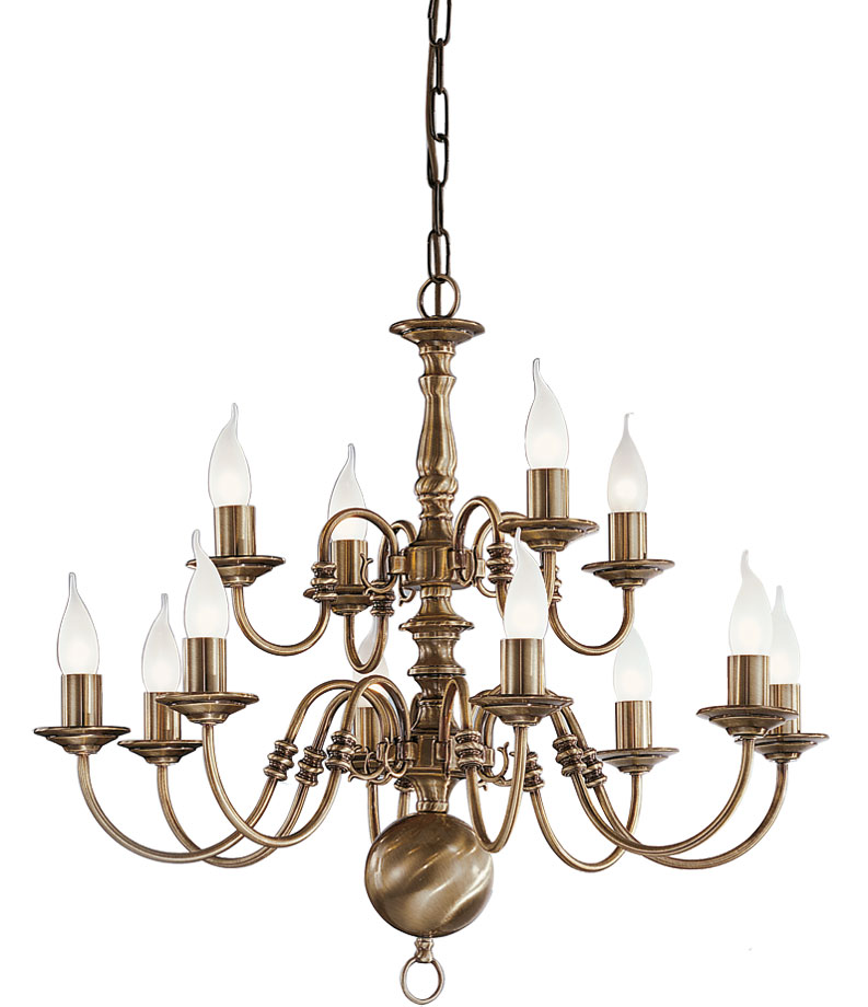 Large Flemish Style 12 Light 2-Tier Chandelier Bronzed Solid Brass