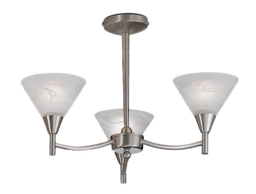 Compact 3 Arm Semi Flush Low Ceiling Light Satin Nickel Glass Shades