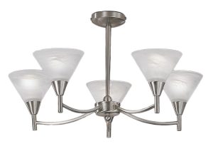 Franklite PE9835 Harmony 5 arm semi flush ceiling light in satin nickel finish with alabaster effect glass shades