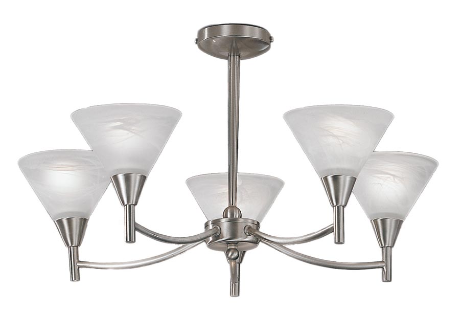 Compact 5 Arm Semi Flush Low Ceiling Light Satin Nickel Glass Shades