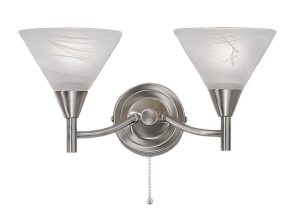 Franklite PE9832 Harmony 2 light twin switched wall light in satin nickel finish with alabaster effect glass shades