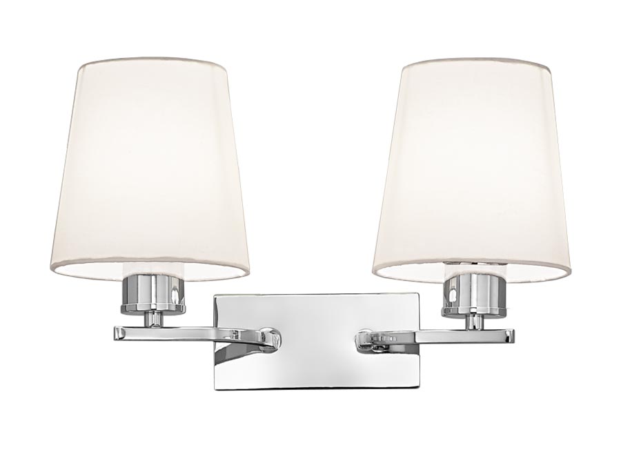 Modern 2 Lamp Twin Wall Light Polished Chrome Tapered Cream Shades