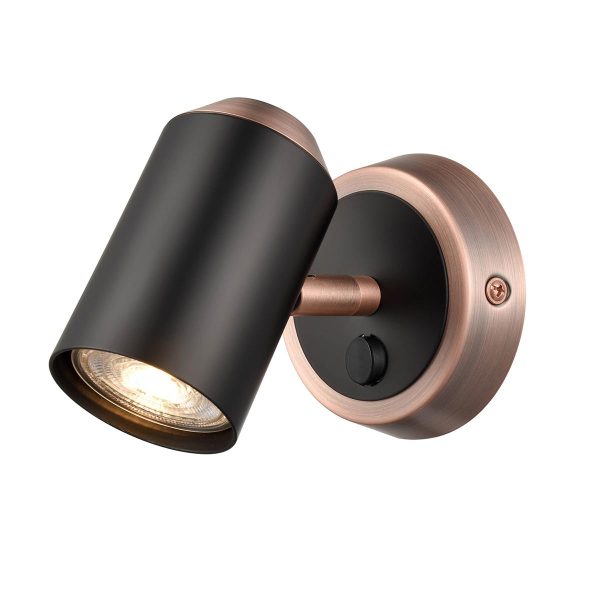 Retro style switched single wall spot light in matt black and copper