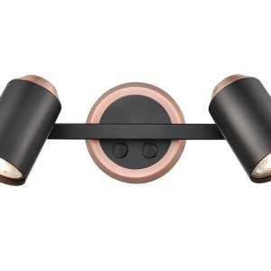 Retro style switched twin wall spot light in matt black and copper