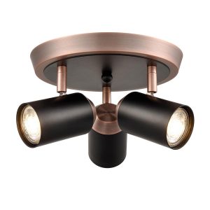 Retro style round 3 lamp ceiling spot light plate in matt black and copper