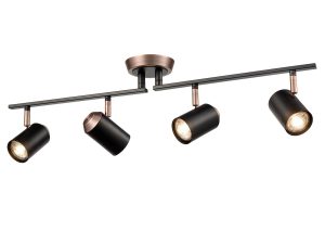 Retro style 4 lamp ceiling spot light bar in matt black and copper