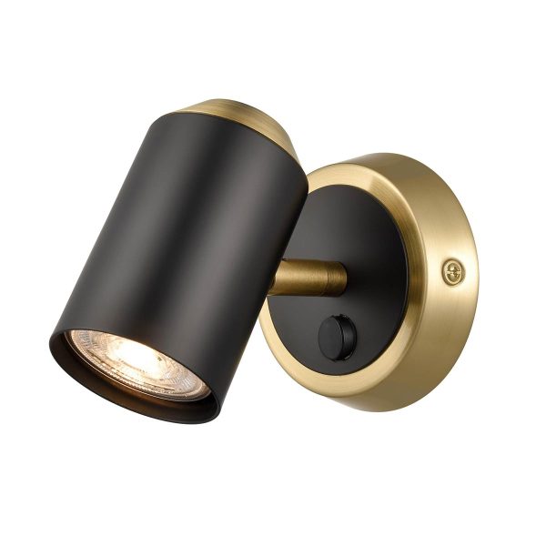 Retro style switched single wall spot light in matt black and brass