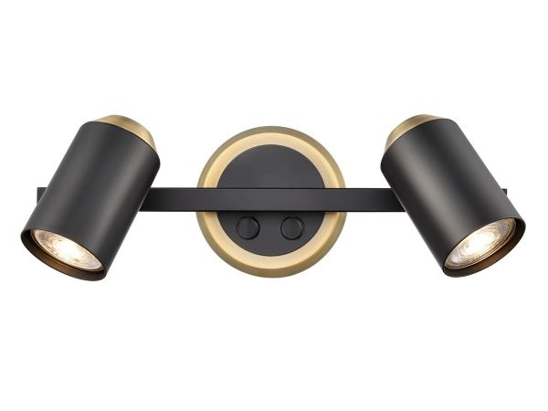 Retro style switched twin wall spot light in matt black and brass