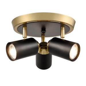 Retro style round 3 lamp ceiling spot light plate in matt black and brass