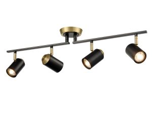 Retro style 4 lamp ceiling spot light bar in matt black and brass