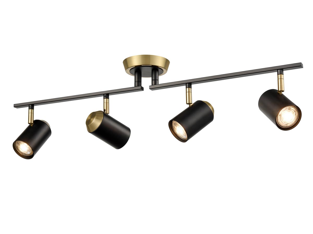 Retro Style 4 Lamp Ceiling Spot Light Split Bar Matt Black & Brass