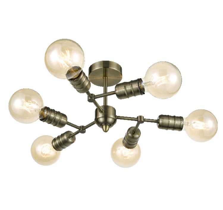 Modern Industrial Style 6 Lamp Semi Flush Ceiling Light Antique Brass