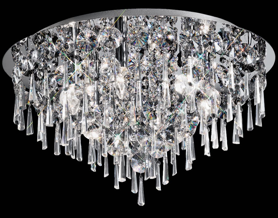 Large Contemporary 6 Lamp Flush Crystal Ceiling Light Polished Chrome