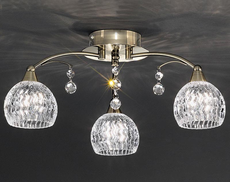Elegant 3 Arm Flush Ceiling Light Bronze Finish Cut Glass Shades Crystal